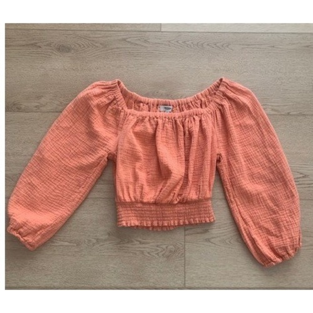 Kensie Jeans Coral Orange Cotton Gauze Smocked Cropped Peasant Top Small‎